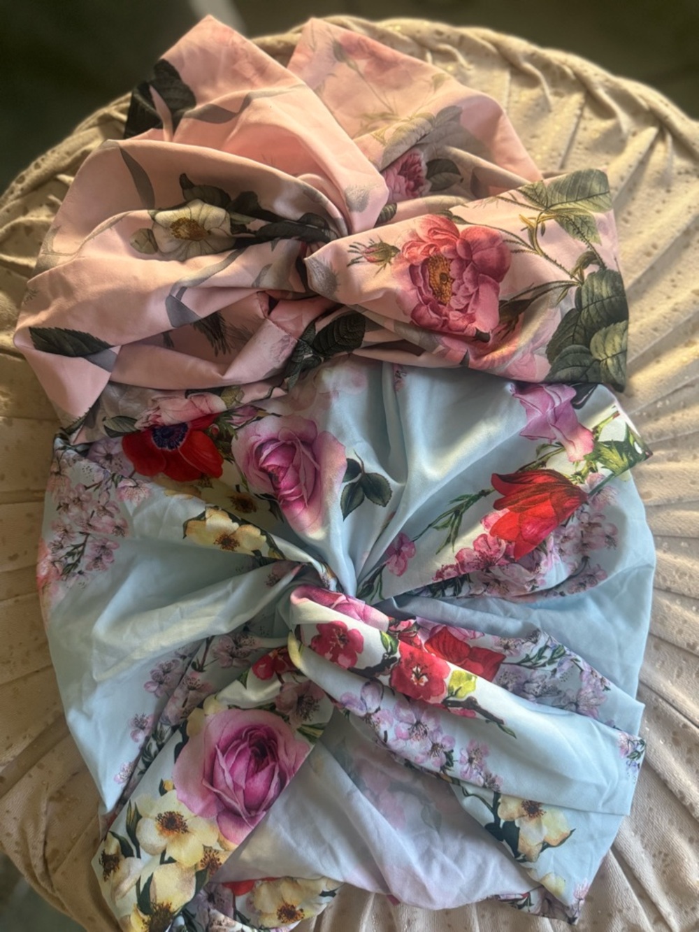 Floral Satin Headwrap - Pink & Light Blue Turbans set 2